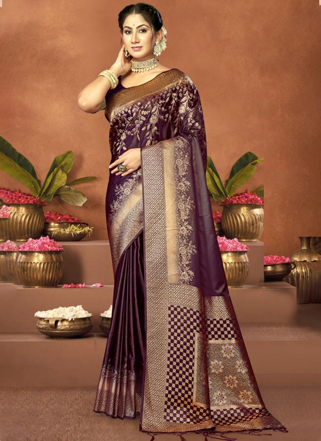 Sattin Silk Wine Wedding Wear Printed Saree